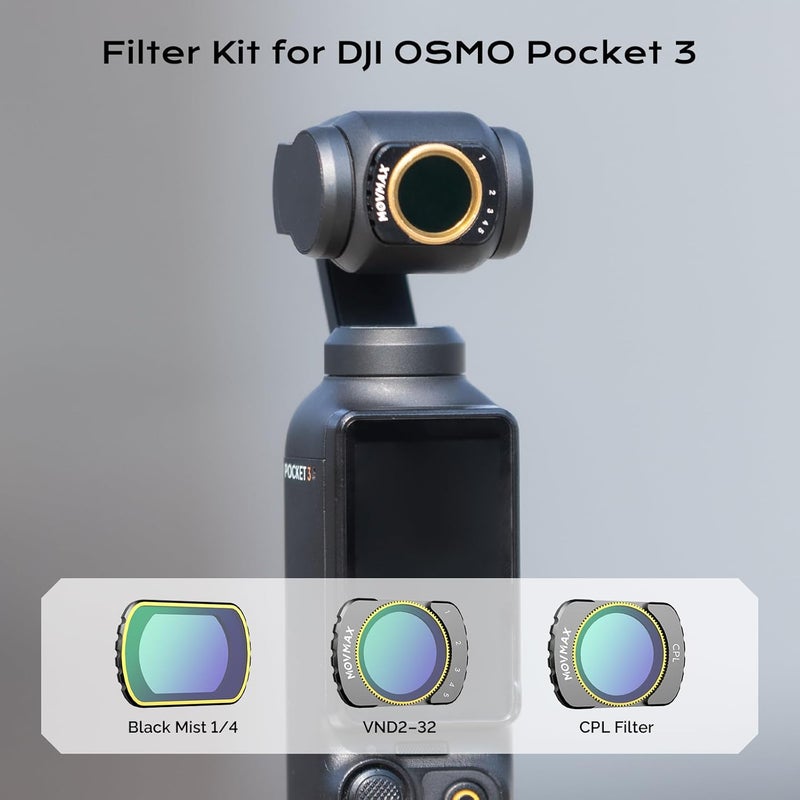 Movmax Magnetic Filter Kit Comptible with DJI Osmo Pocket 3 Creator Combo Accessories,3 Pack Variable ND2-32 & CPL,Black Diffusion 1/4 Effect Filter with 1 Screen Protector - Image 2
